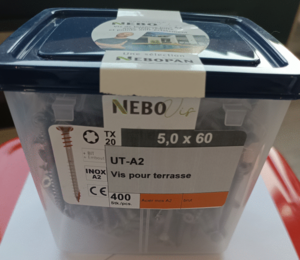 VIS INOX 5X60-POUR TERRASSE 27MM (400P) SEAU 12M² FILETAGE SOUS TETE FRAISE A2 RT UT EMPREINTE TX + EMBOUT